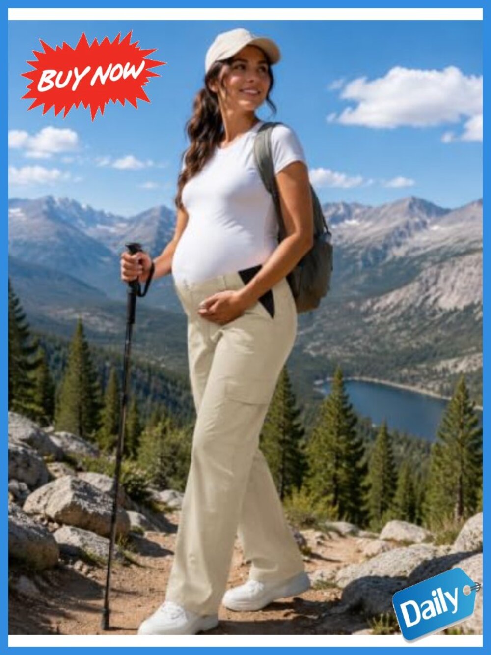 Straight Leg Maternity Cargo Pants Mid Rise Stretch Drawstring Hem - Picture 5 of 6